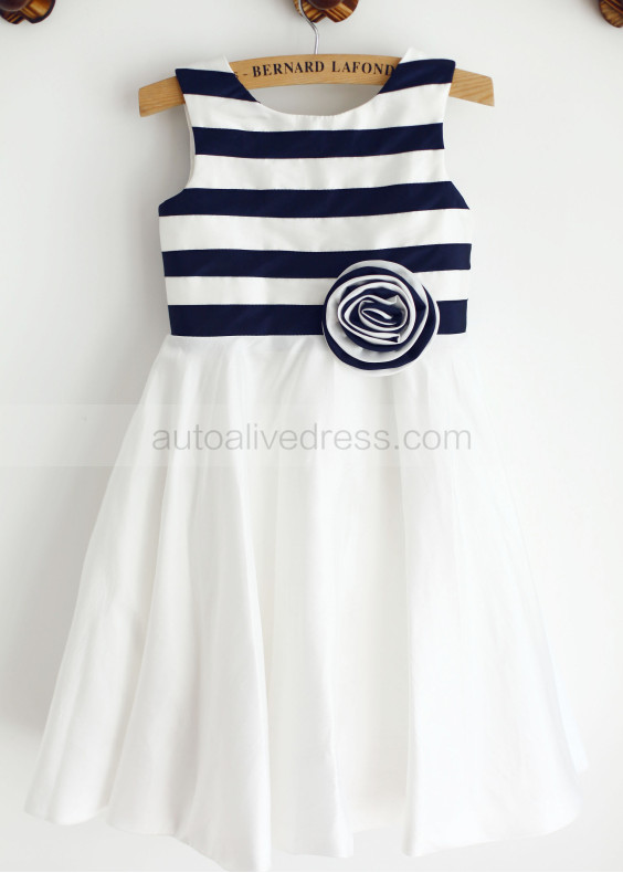 Ivory And Navy Blue Striped Taffeta Flower Girl Dress With Flower